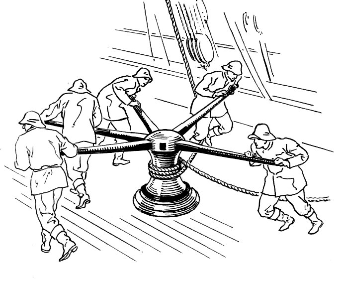 Dibujo de un cabrestante accionado por cinco marineros