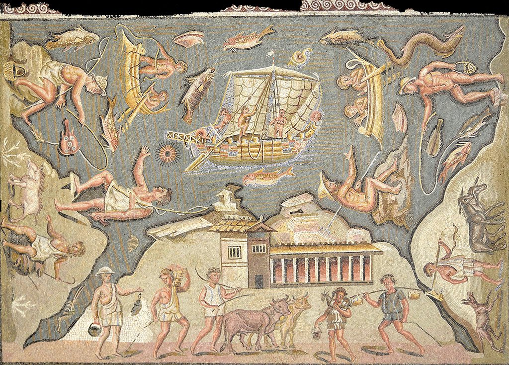 Mosaico romano con barcos, barcas, pescadores y la costa