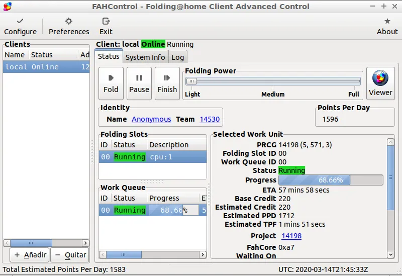 Panel de control de Folding@home corriendo en Linux