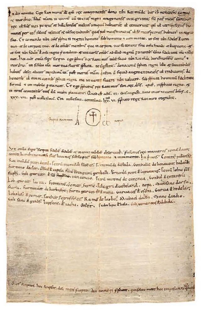 Manuscrito de la donación de Aragón y Petronila en las capitulaciones matrimoniales de Barbastro (1137)