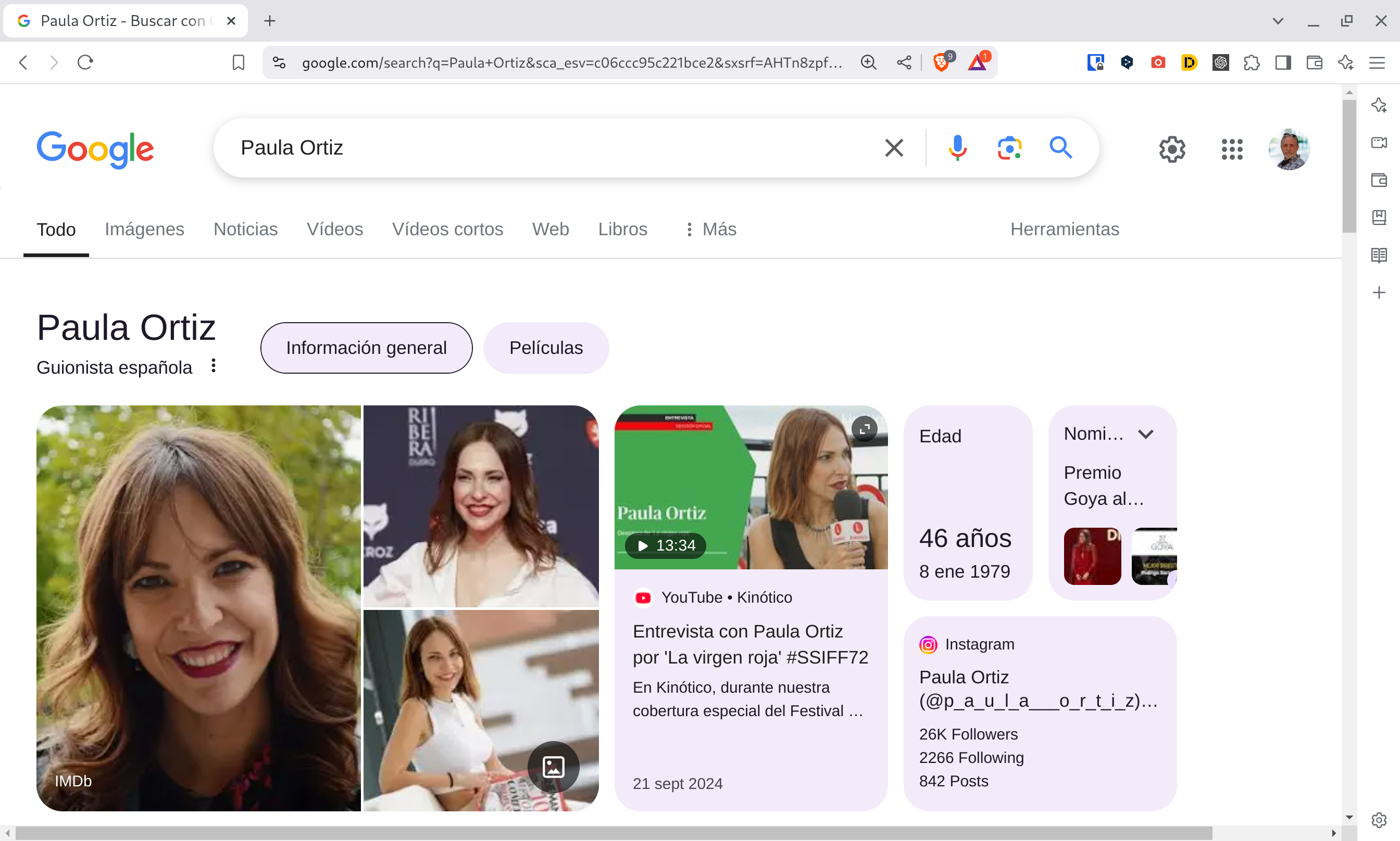 Captura de pantalla de una búsqueda de Paula Ortiz en Google